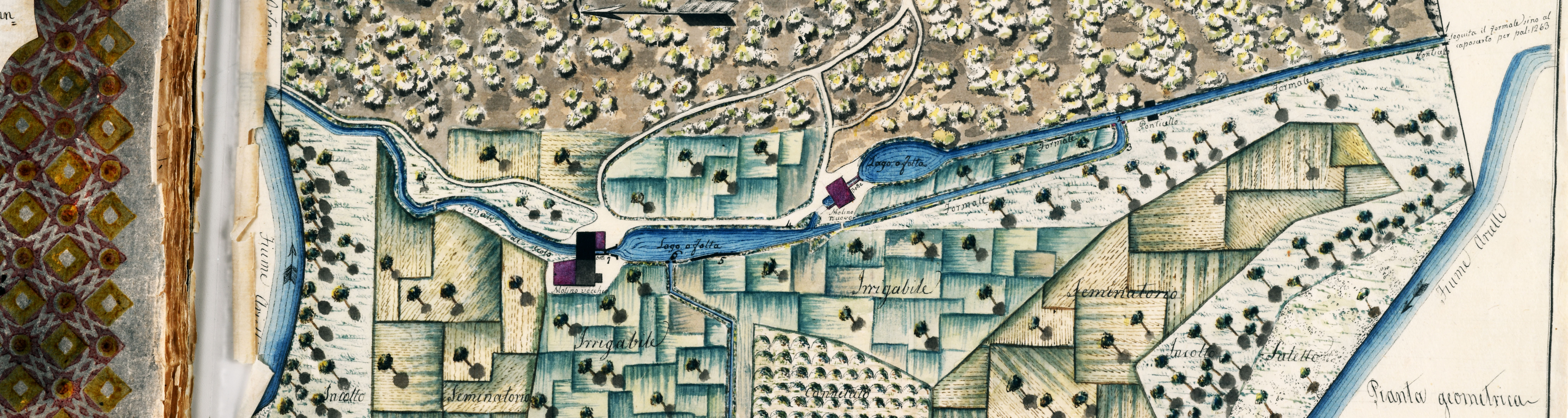 Disegno che rappresenta i terreni coltivati e attraversati dal fiume